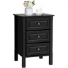 A black nightstand with three drawers is shown against a white background. A vase with flowers and a cup of tea are on top of the nightstand. Produktbild-Vorschau
