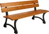 A wooden park bench with black cast iron legs, shown against a white background. Produktbild-Vorschau