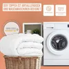 A folded white topper is shown in a basket next to a washing machine, with marketing text and icons. Produktbild-Vorschau