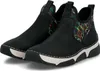 A pair of black ankle boots with a colorful patterned elasticated insert. Voir les images du produit