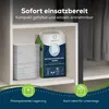 The image shows a shelf in a closet with a stack of disposable underpads and a package of the same product. Text overlays describe features and benefits. Produktbild-Vorschau