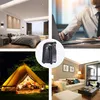 Collage of four scenes: a bedroom, a person working on a laptop, a tent at night, and a living room. A small black heater is shown in a circular inset. Anteprima dell’immagine prodotto