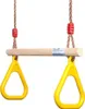 A swing set accessory with yellow rings and a wooden bar, suspended by ropes. Produktbild-Vorschau