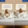 A split image showing a woman in bed before and after using a mattress topper. Produktbild-Vorschau