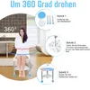 A woman is sitting on a shower stool in a bathroom, with diagrams illustrating how to assemble and use the stool. Produktbild-Vorschau