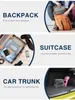 Collage of images showing a portable folding stool in different contexts: packed in a backpack, inside a suitcase, and in a car trunk. Produktbild-Vorschau