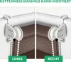 Two split images showing the left and right side mounting options for a roller blind chain mechanism. Produktbild-Vorschau
