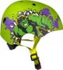A green bicycle helmet with a Hulk graphic and yellow straps, shown against a white background. Produktbild-Vorschau