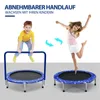 Two children are shown interacting with trampolines. One child is holding onto a handle on a smaller trampoline, while another child is jumping on a larger trampoline. Podgląd zdjęcia produktu