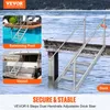 A dock stair is shown in the water next to a wooden dock. Inset images show the stair in a swimming pool and attached to a boat. Náhľad obrázku produktu