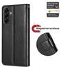 A black flip case for a smartphone, shown with a magnetic closure icon and brand logos. Produktbild-Vorschau