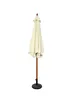 A closed beige patio umbrella with a wooden pole and a dark base, isolated on a white background. Produktbild-Vorschau