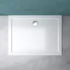 A top-down view of a white rectangular shower tray with a central drain. Produktbild-Vorschau