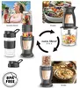 A collage showcasing a 3-in-1 blender with different attachments and uses, including making smoothies, chopping ingredients, and grinding. Podgląd zdjęcia produktu