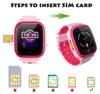 Instructions on how to insert a SIM card into a pink smartwatch, with examples of different SIM card sizes. Produktbild-Vorschau