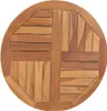 A close-up, overhead view of a round wooden tabletop with a geometric plank design. Voir les images du produit