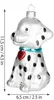 A glass Christmas ornament shaped like a Dalmatian puppy with black spots, a red heart pendant, and a blue collar. Dimensions are indicated by measurement lines and text. Voir les images du produit