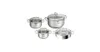 A set of four stainless steel pots with glass lids, arranged on a white background. Produktbild-Vorschau