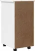 The back and side of a white rolling cabinet with a brown particleboard back panel and black wheels. Náhľad obrázku produktu