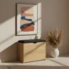 A wooden shoe cabinet with a black upholstered seat is placed in a room with a piece of abstract art on the wall and a vase of dried flowers. Náhľad obrázku produktu