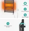 A product image showing a black electric towel radiator with orange heat waves, and accompanying marketing graphics detailing its features and specifications. Náhľad obrázku produktu