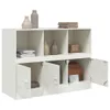 A white shelving unit with multiple compartments, some open and some with doors, displaying decorative items and books. Produktbild-Vorschau