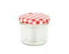 A clear studio shot of an empty glass jar with a red and white checkered lid. Anteprima dell’immagine prodotto