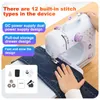 A person's hand is shown operating a mini sewing machine, with a pair of jeans being sewn. Various accessories and a manual are displayed in a separate box. Produktbild-Vorschau