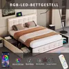 A bedroom scene featuring a bed with storage drawers and LED lighting, along with a smartphone app interface and a remote control. Produktbild-Vorschau