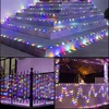A collage of images showing colorful LED string lights decorating stairs, a balcony railing, and an outdoor covered area. Voir les images du produit