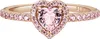 A close-up studio shot of a rose gold ring with a pink heart-shaped center stone surrounded by smaller pink stones. Produktbild-Vorschau