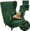 A green wingback chair with a dog on it, and inset images of the chair cover and fabric. Anteprima dell’immagine prodotto