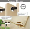 Collage of product details for outdoor curtains, showing grommets, fabric texture, and attachment methods. Náhled obrázku produktu