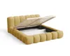 A yellow upholstered bed frame with the mattress support raised to reveal storage space underneath, shown against a white background. Voir les images du produit
