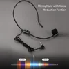 A black headset microphone with a flexible boom arm is shown against a dark gray background. Below the microphone, a graphic illustrates sound waves before and after noise reduction. Produktbild-Vorschau