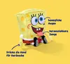 A plush toy of the character Spongebob Squarepants is shown sitting against a yellow background. Text overlays highlight features of the toy. Anteprima dell’immagine prodotto