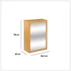 A wooden bathroom cabinet with a mirrored door, shown with dimensions. Podgląd zdjęcia produktu