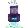 A purple air filter with a mesh insert is shown with air flow depicted entering from the bottom and exiting from the top with gray smoke and green particles. Produktbild-Vorschau