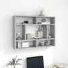 A grey wall-mounted shelf unit filled with decorative items. Voir les images du produit