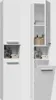 Two white bathroom cabinets are shown against a white background. One cabinet is closed, and the other is open, revealing shelves with bottles and a basket. Náhled obrázku produktu