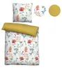 A flat lay of a duvet cover and pillowcase with a floral pattern, and a separate solid yellow circle. Produktbild-Vorschau