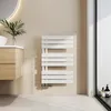 A modern bathroom setting with a white towel radiator, wooden vanity, and a round mirror. Anteprima dell’immagine prodotto