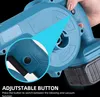 Close-up of a blue battery-powered leaf blower with a hand operating a button, with a magnified inset showing the button detail. Podgląd zdjęcia produktu