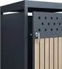 A close-up view of a modern outdoor trash can enclosure with a door slightly ajar, revealing wooden slats inside. Produktbild-Vorschau