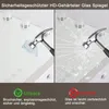 A split image comparing the durability of a mirror. The left side shows a hammer hitting a shield on a mirror without breaking it, while the right side shows a hammer breaking a mirror. Produktbild-Vorschau