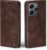 A brown leather flip case for a smartphone, shown from two angles. Produktbild-Vorschau