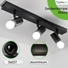 A black ceiling lamp with three adjustable spotlights is shown against a white ceiling. Insets show a close-up of an E27 socket and the texture of the aluminum material. Náhľad obrázku produktu