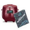 A red digital rice cooker and a cookbook are displayed on a white background. Produktbild-Vorschau