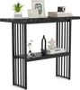 A black console table with a marble-like pattern, featuring two shelves and a metal frame, is displayed against a white background. Decorative items like framed pictures, a plant, vases, and books are placed on the shelves. Produktbild-Vorschau