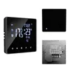 A collage of a smart thermostat, its front display, and its back connection panel. Náhled obrázku produktu